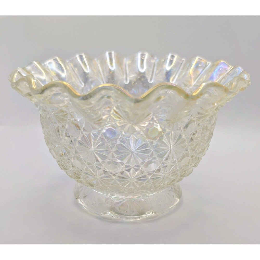 Vintage Clear Iridescent LE Smith Daisy and Button  ruffled Glass Bowl